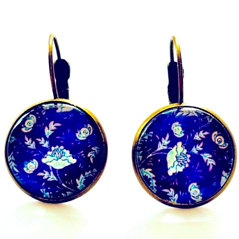 Blue and White Floral Print French Lever Earrings, NWT